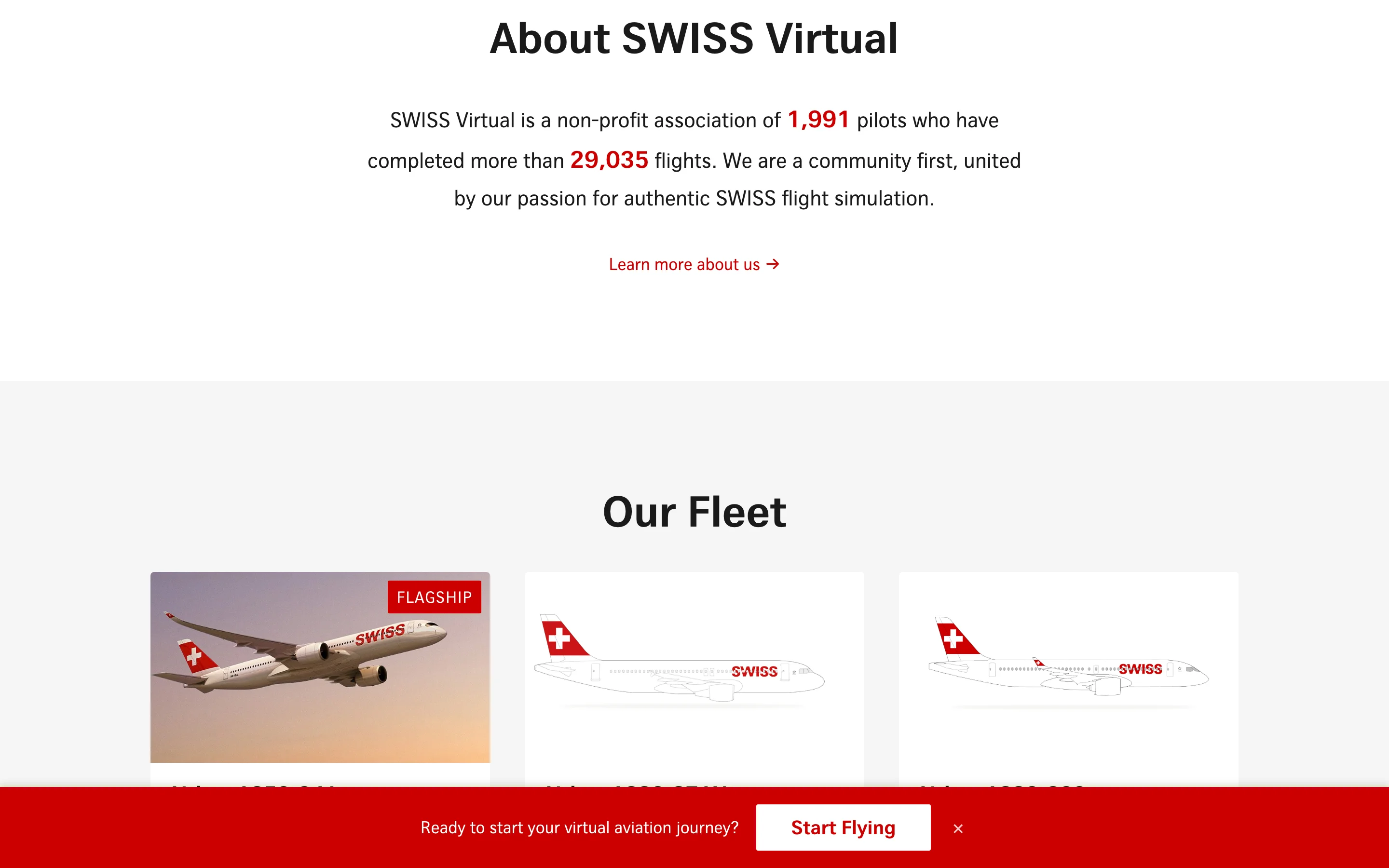 Section « À propos » de SWISS Virtual avec statistiques pilotes en temps réel et aperçu de la flotte