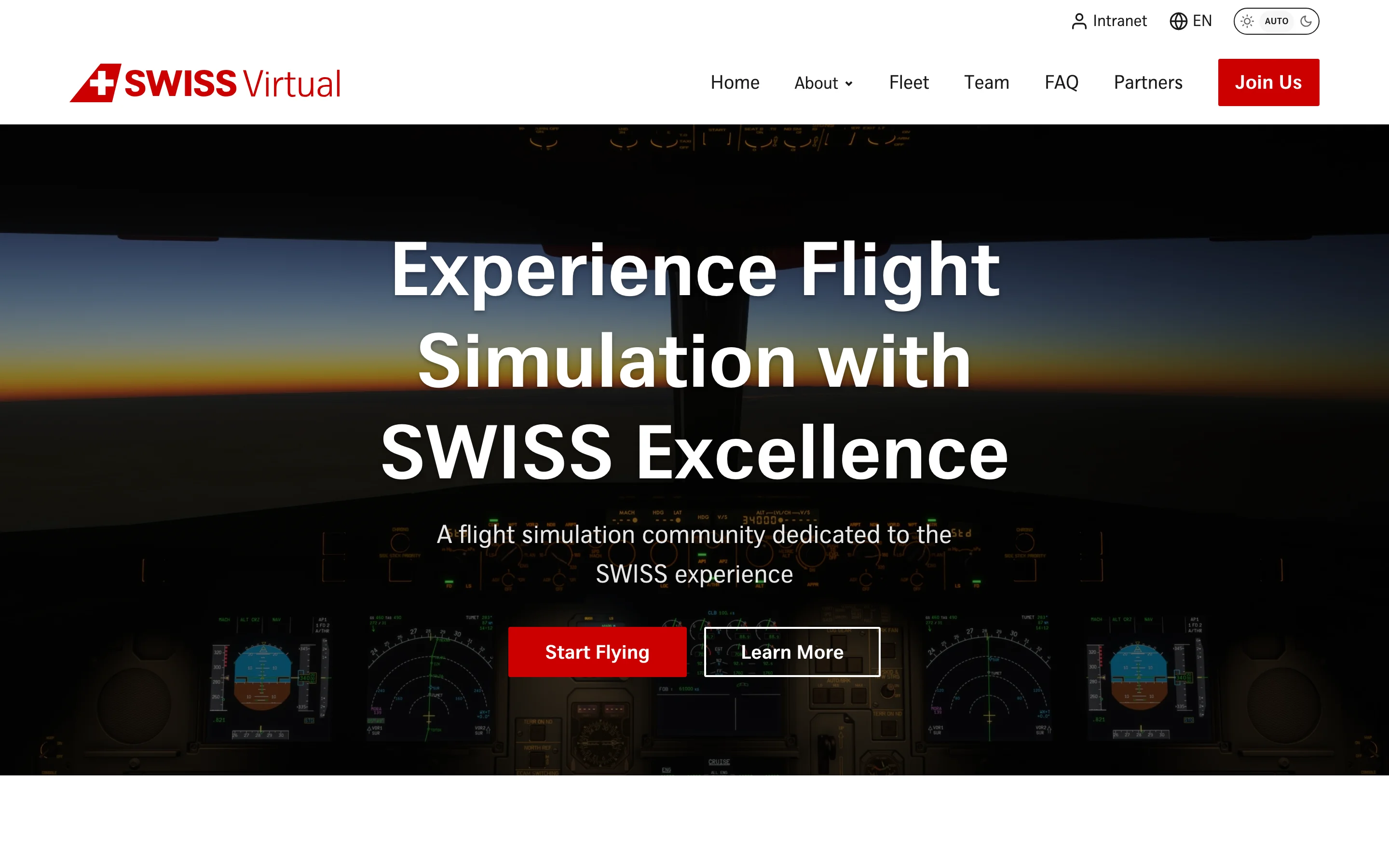 Page d'accueil de SWISS Virtual montrant la section héro redessinée avec vue depuis le cockpit