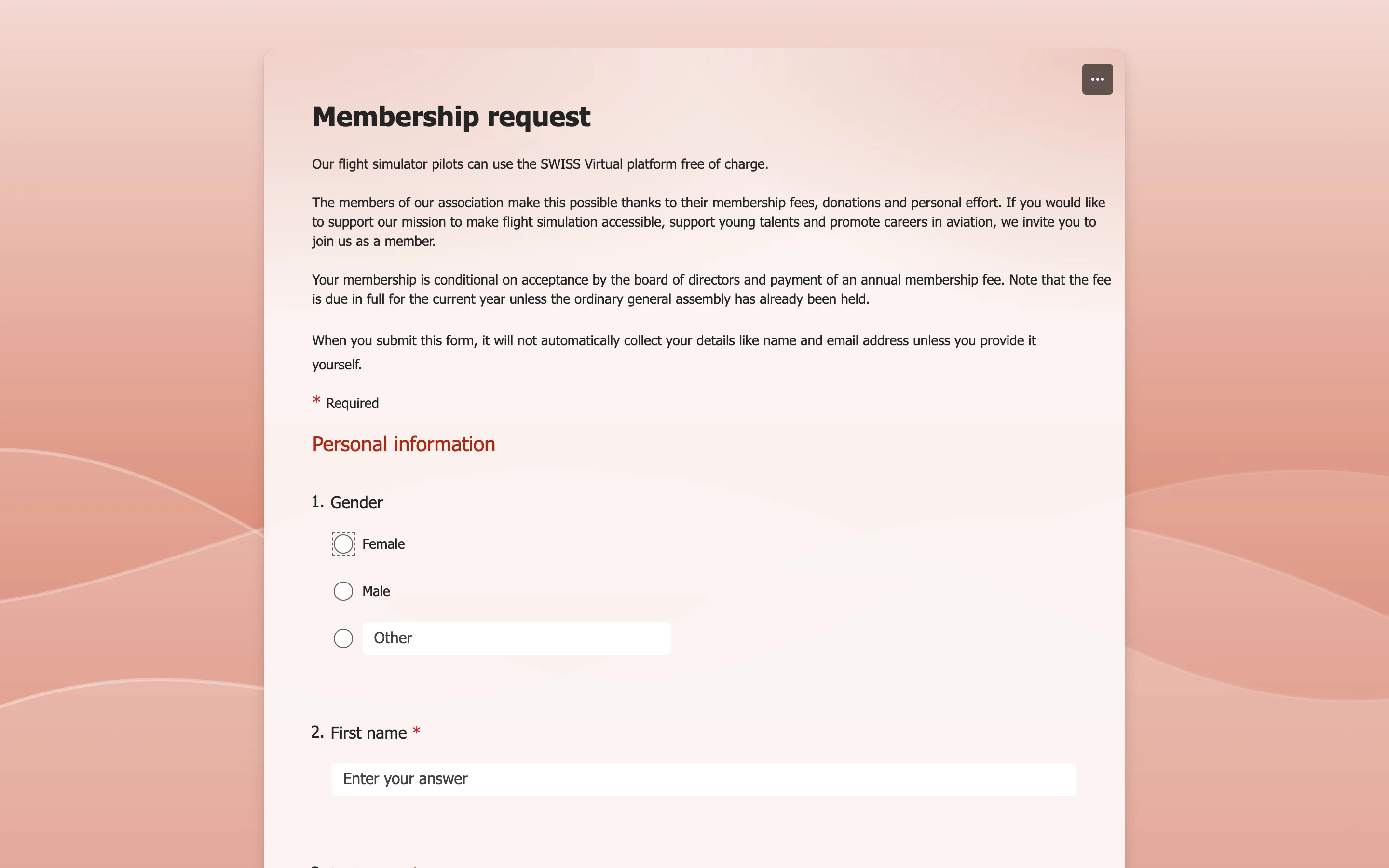 The old SWISS Virtual membership request form on Microsoft Forms