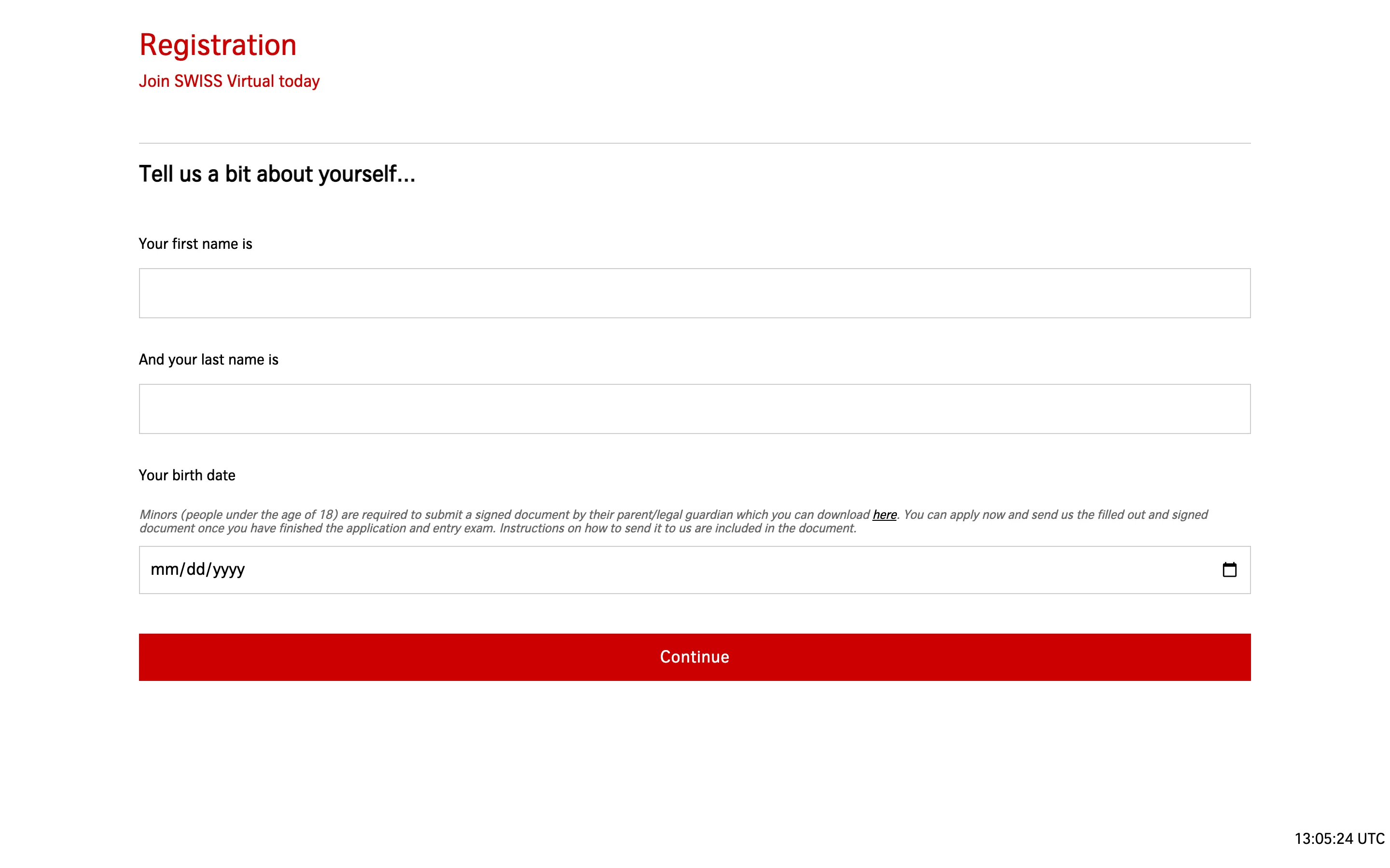 Das vorherige SWISS Virtual Piloten-Registrierungsformular im Intranet