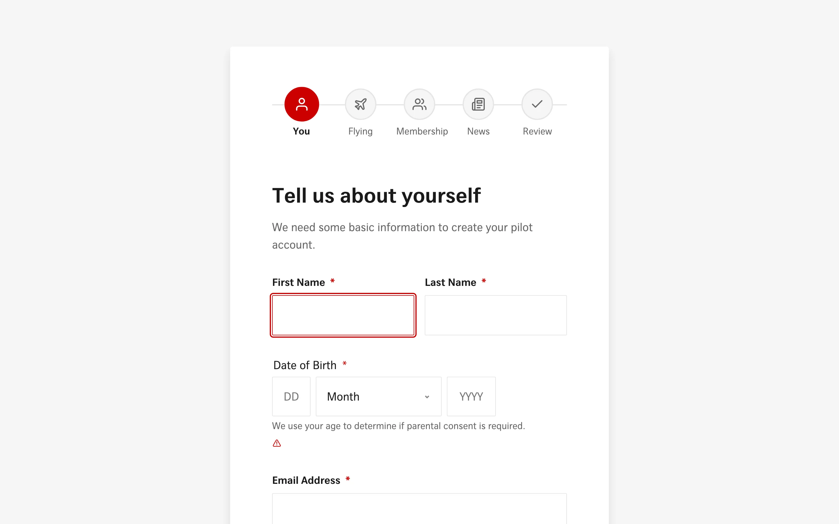 Parcours d'inscription unifié de SWISS Virtual avec assistant étape par étape incluant l'adhésion