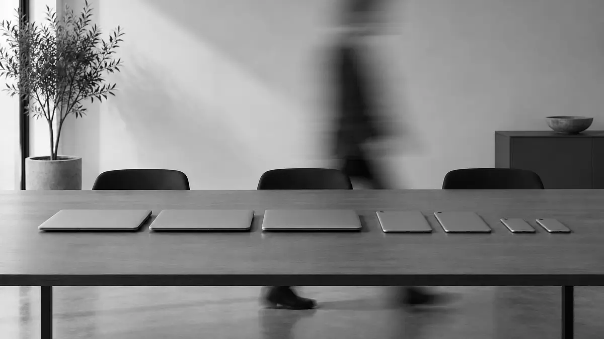 Une personne floue passe derrière une table où sont alignés des ordinateurs portables, des tablettes et des téléphones.
