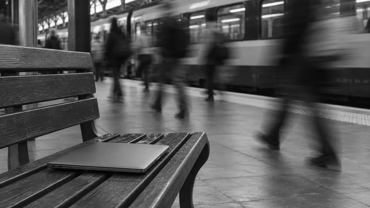 Un ordinateur portable fermé repose sur un banc de gare tandis que des personnes floues passent.