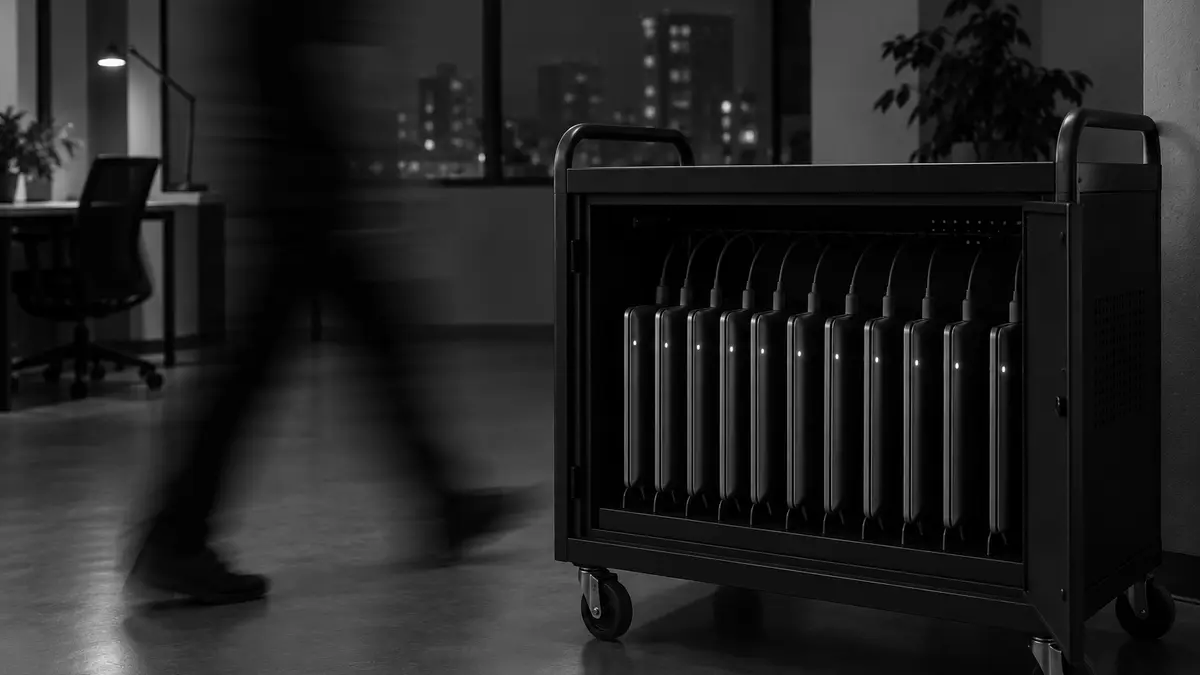A blurred figure walks past a cart of laptops standing upright in a dim office.