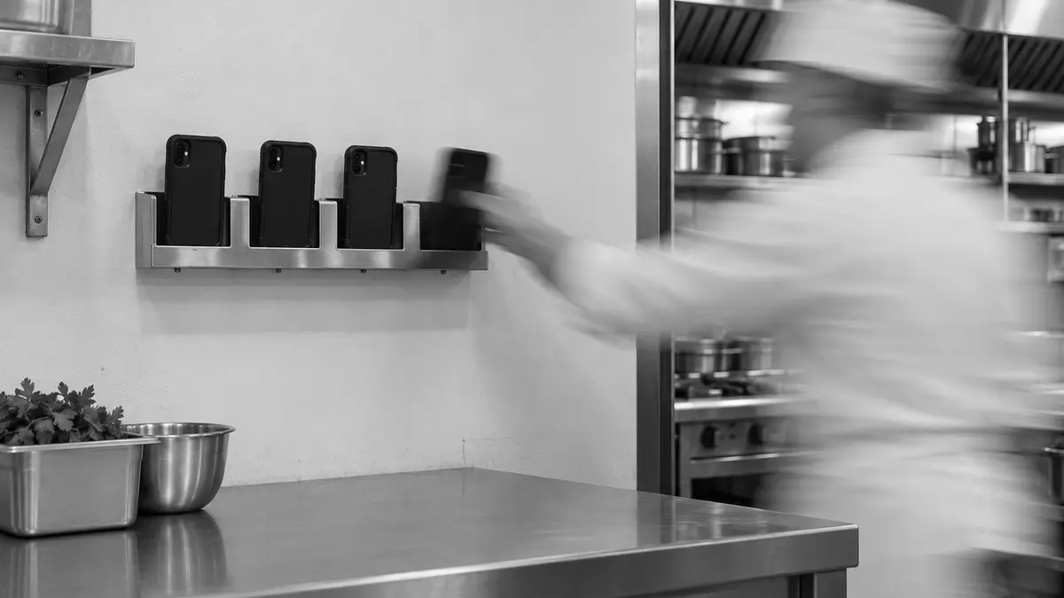 Une personne floue vêtue de blanc tend le bras vers des téléphones fixés au mur d’une cuisine.