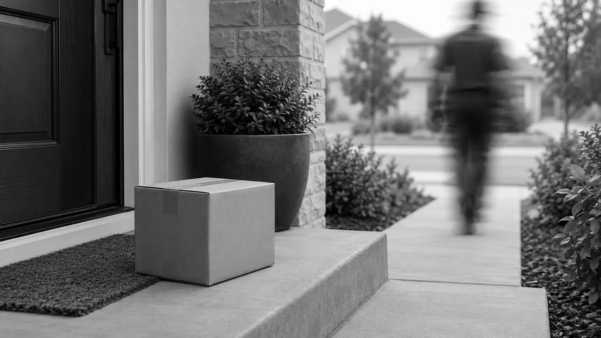 Un carton fermé repose sur une marche devant une porte tandis qu’une personne floue s’éloigne.