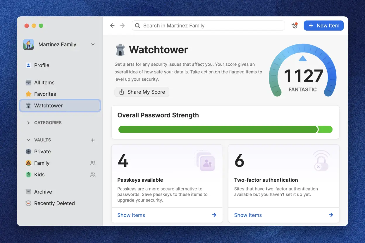 Fenêtre de l’application 1Password Watchtower affichant un score de robustesse des mots de passe, des passkeys disponibles et les comptes pouvant utiliser l’authentification à deux facteurs.